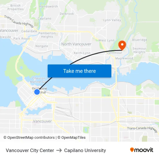 Vancouver City Center to Capilano University map
