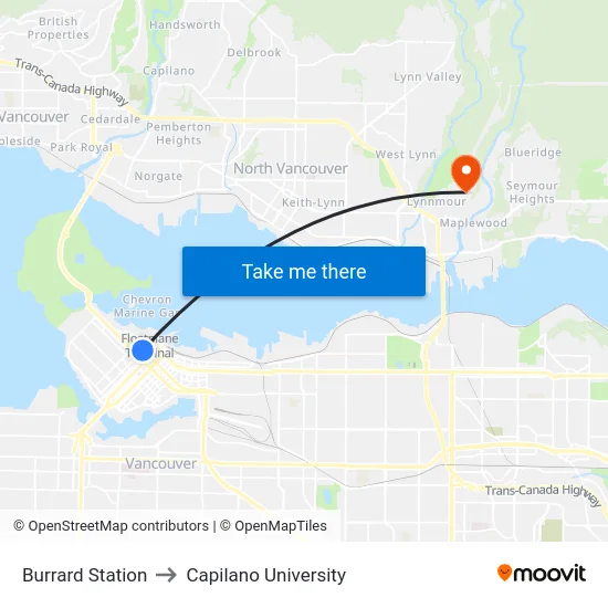 Burrard Station to Capilano University map