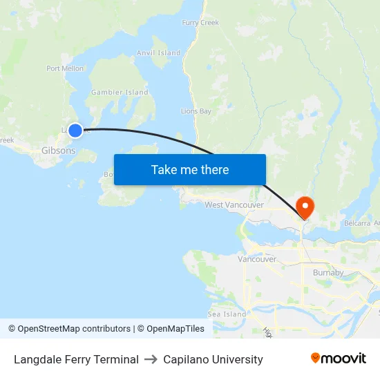 Langdale Ferry Terminal to Capilano University map