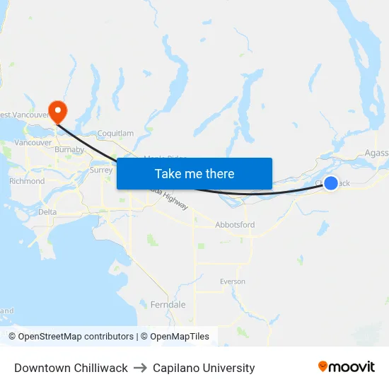 Downtown Chilliwack to Capilano University map