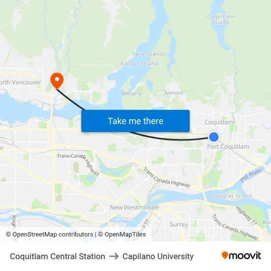 Coquitlam Central Station to Capilano University map