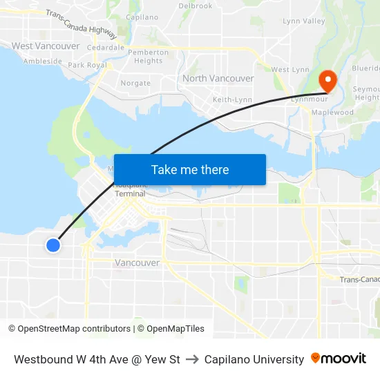 Westbound W 4th Ave @ Yew St to Capilano University map