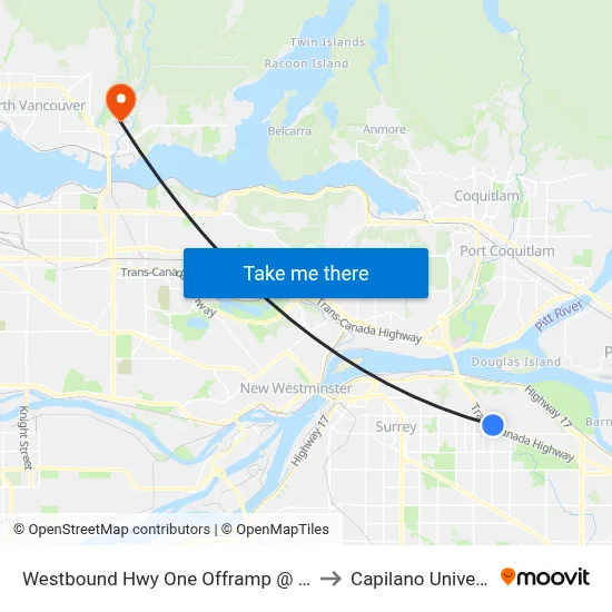 Westbound Hwy One Offramp @ 156 St to Capilano University map