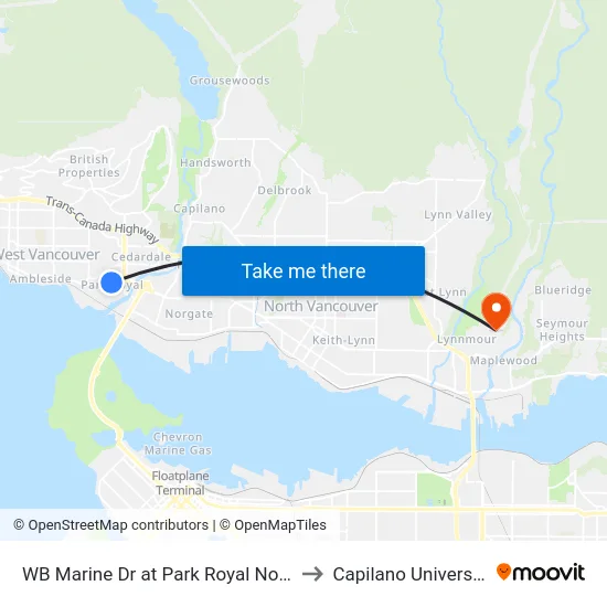 WB Marine Dr at Park Royal North to Capilano University map