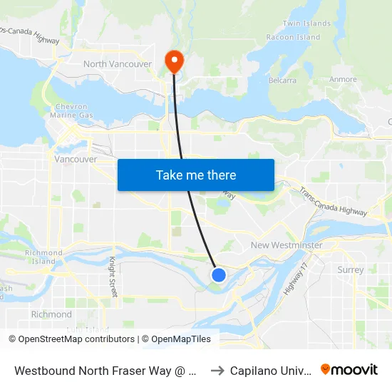 Westbound North Fraser Way @ Wiggins St to Capilano University map
