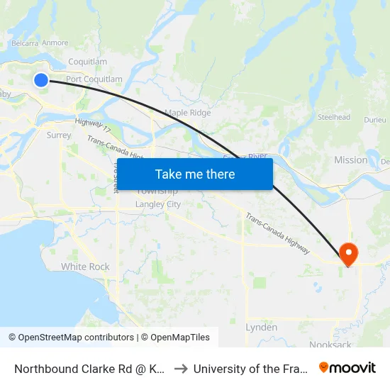 Northbound Clarke Rd @ Kemsley Ave to University of the Fraser Valley map