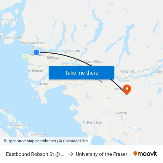 Eastbound Robson St @ Bute St to University of the Fraser Valley map