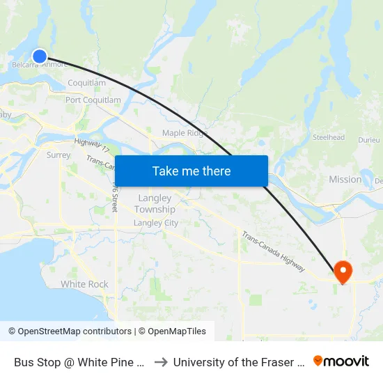 Bus Stop @ White Pine Beach to University of the Fraser Valley map