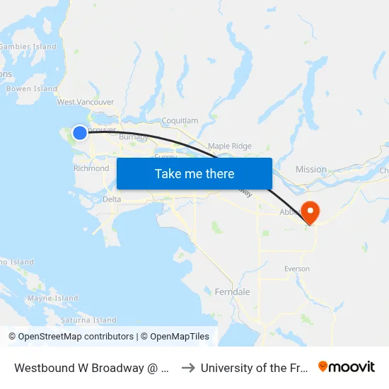 Westbound W Broadway @ Collingwood St to University of the Fraser Valley map