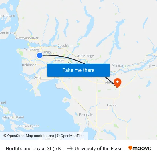 Northbound Joyce St @ Kingsway to University of the Fraser Valley map