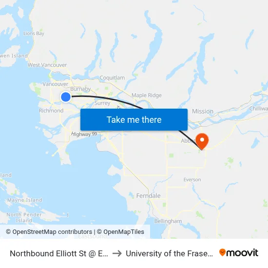 Northbound Elliott St @ E 49 Ave to University of the Fraser Valley map
