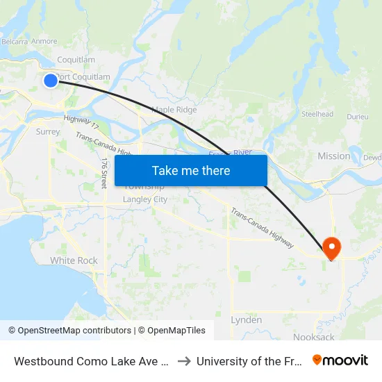 Westbound Como Lake Ave @ Prospect St to University of the Fraser Valley map