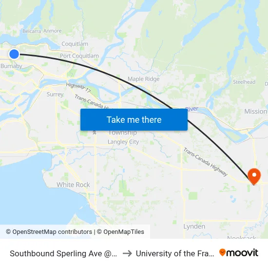 Southbound Sperling Ave @ Kitchener St to University of the Fraser Valley map