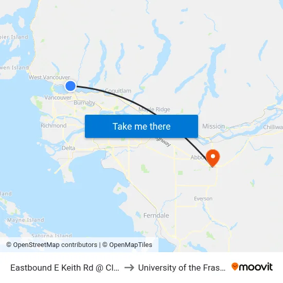 Eastbound E Keith Rd @ Cloverley St to University of the Fraser Valley map