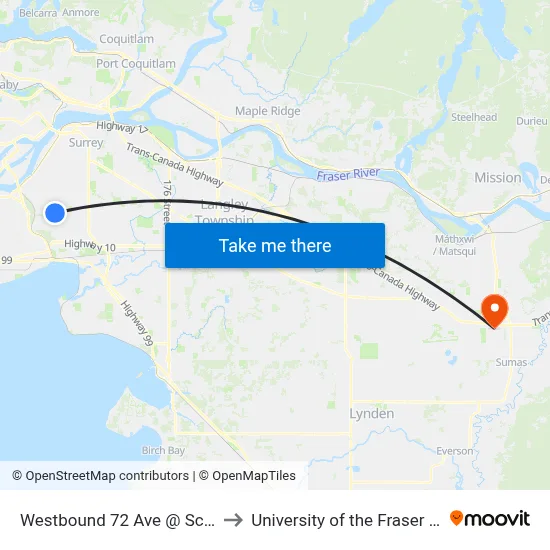 Westbound 72 Ave @ Scott Rd to University of the Fraser Valley map
