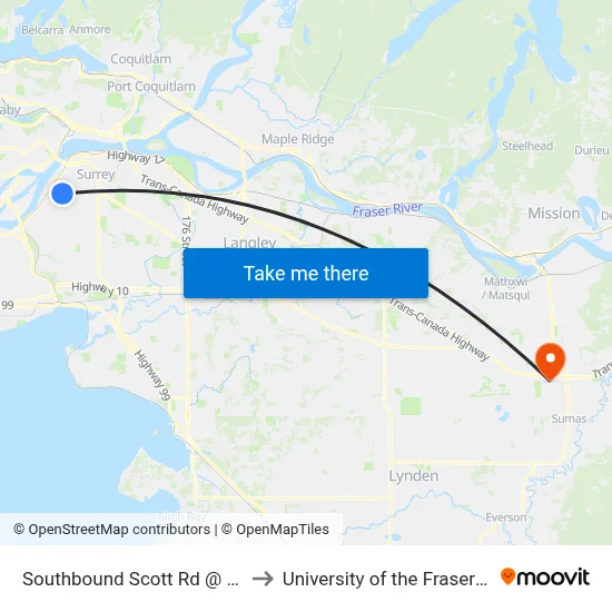 Southbound Scott Rd @ 99 Ave to University of the Fraser Valley map