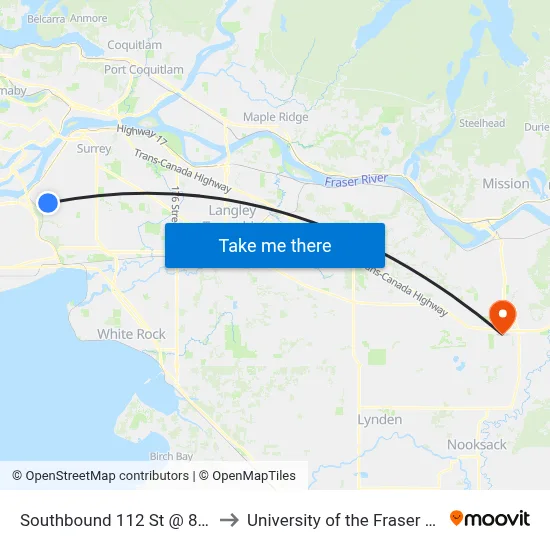 Southbound 112 St @ 80 Ave to University of the Fraser Valley map