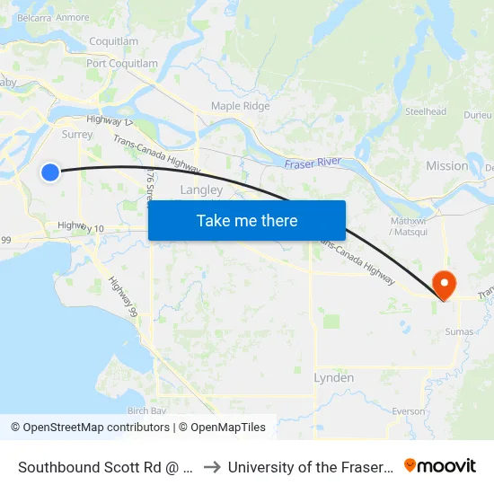 Southbound Scott Rd @ 86 Ave to University of the Fraser Valley map