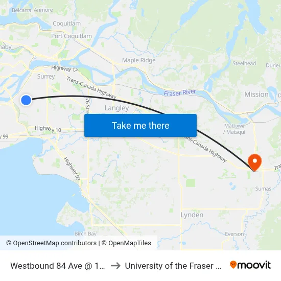 Westbound 84 Ave @ 116 St to University of the Fraser Valley map
