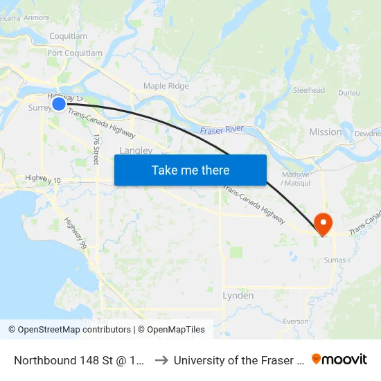 Northbound 148 St @ 110 Ave to University of the Fraser Valley map