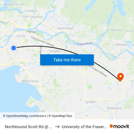Northbound Scott Rd @ 82 Ave to University of the Fraser Valley map