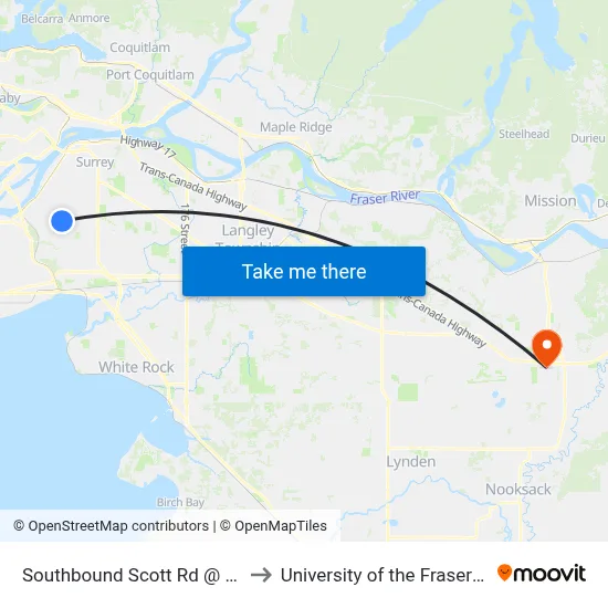 Southbound Scott Rd @ 80 Ave to University of the Fraser Valley map