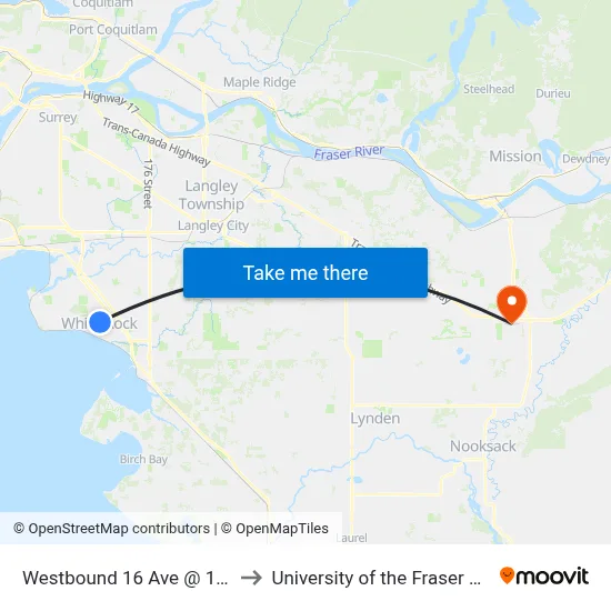 Westbound 16 Ave @ 154 St to University of the Fraser Valley map
