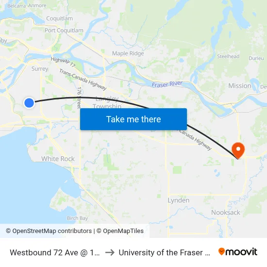 Westbound 72 Ave @ 124 St to University of the Fraser Valley map