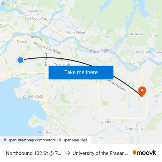Northbound 132 St @ 76 Ave to University of the Fraser Valley map