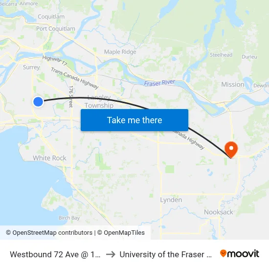 Westbound 72 Ave @ 142 St to University of the Fraser Valley map