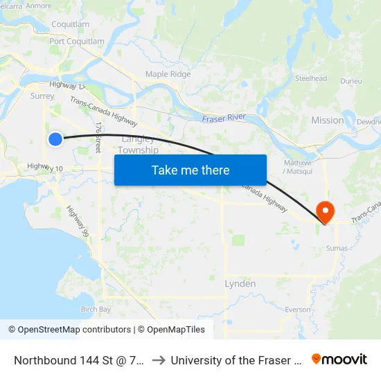 Northbound 144 St @ 76 Ave to University of the Fraser Valley map