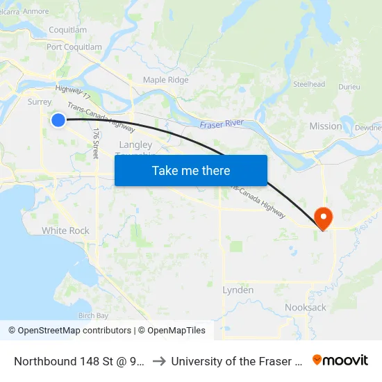 Northbound 148 St @ 94 Ave to University of the Fraser Valley map