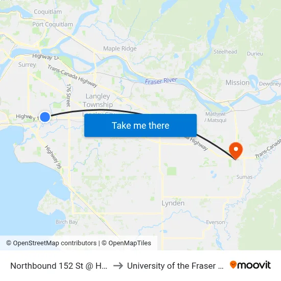 Northbound 152 St @ Hwy 10 to University of the Fraser Valley map