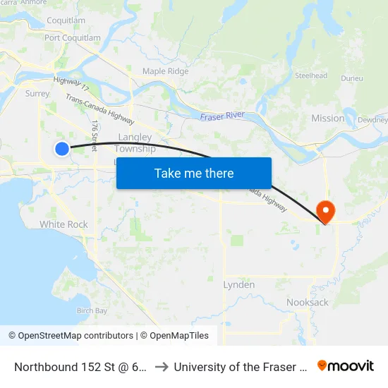 Northbound 152 St @ 68 Ave to University of the Fraser Valley map