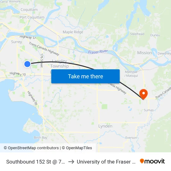 Southbound 152 St @ 72 Ave to University of the Fraser Valley map