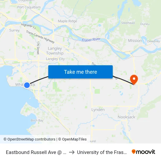 Eastbound Russell Ave @ Finlay St to University of the Fraser Valley map