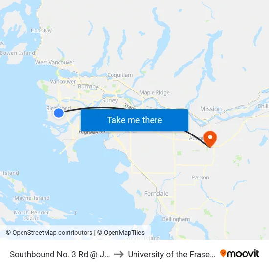 Southbound No. 3 Rd @ Jones Rd to University of the Fraser Valley map