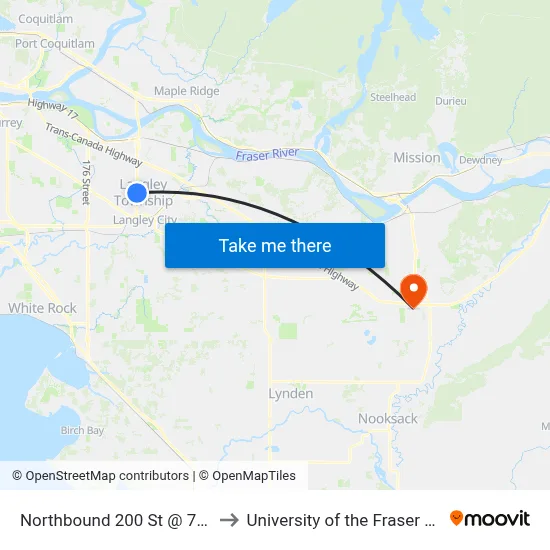 Northbound 200 St @ 72 Ave to University of the Fraser Valley map