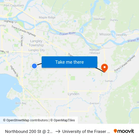 Northbound 200 St @ 28 Ave to University of the Fraser Valley map