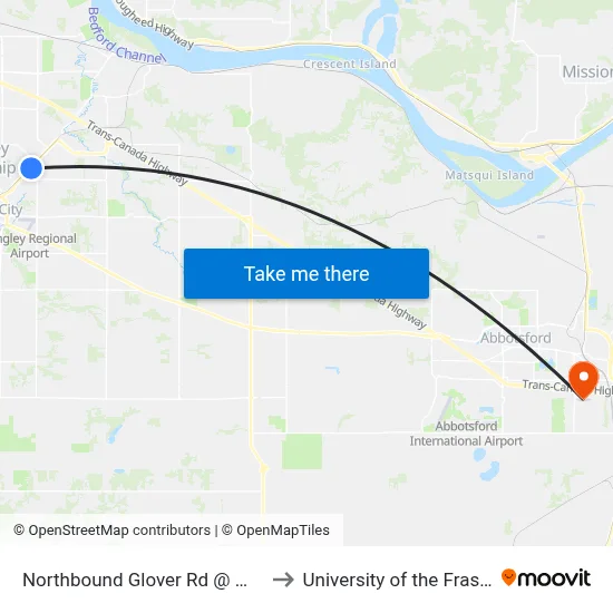 Northbound Glover Rd @ Worrell Cres to University of the Fraser Valley map