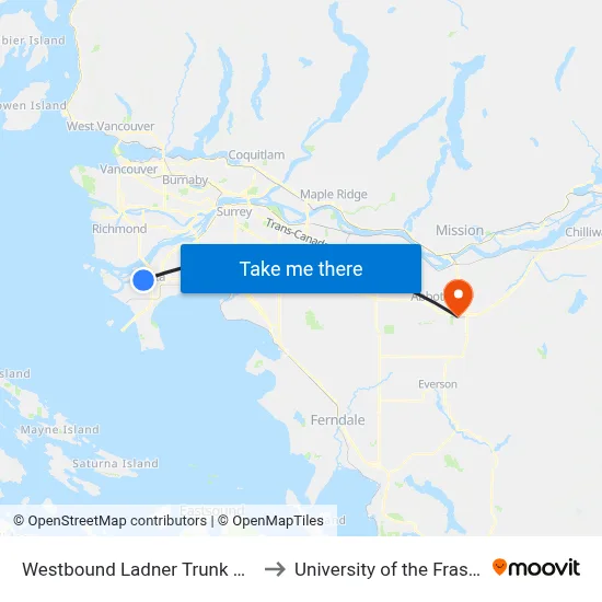 Westbound Ladner Trunk Rd @ 53 St to University of the Fraser Valley map