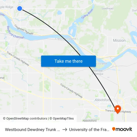 Westbound Dewdney Trunk Rd @ 240 St to University of the Fraser Valley map