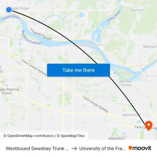 Westbound Dewdney Trunk Rd @ 216 St to University of the Fraser Valley map