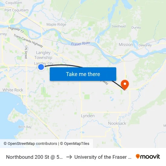 Northbound 200 St @ 53 Ave to University of the Fraser Valley map