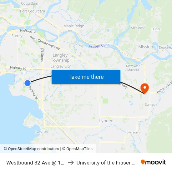 Westbound 32 Ave @ 152 St to University of the Fraser Valley map