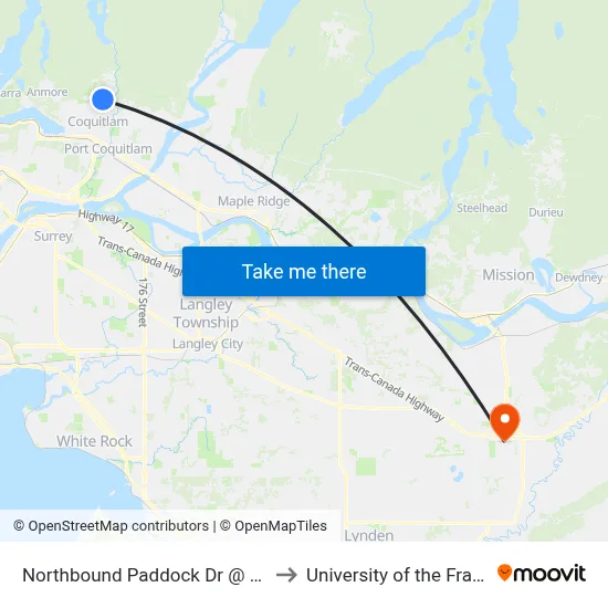 Northbound Paddock Dr @ Plateau Blvd to University of the Fraser Valley map