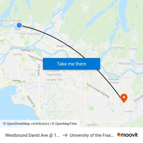 Westbound David Ave @ 1300 Block to University of the Fraser Valley map