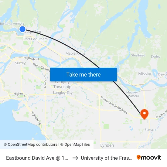 Eastbound David Ave @ 1300 Block to University of the Fraser Valley map
