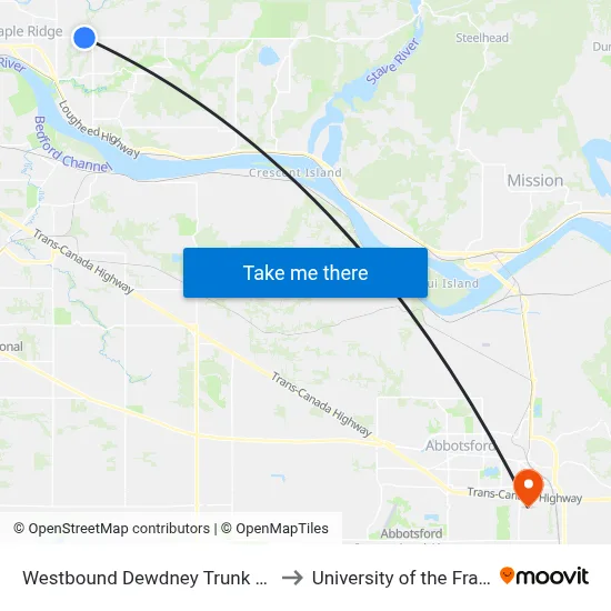 Westbound Dewdney Trunk Rd @ 238b St to University of the Fraser Valley map