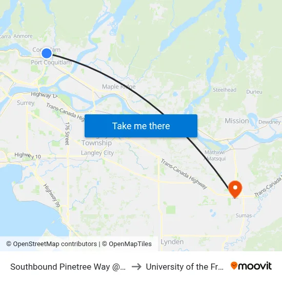 Southbound Pinetree Way @ Guildford Way to University of the Fraser Valley map